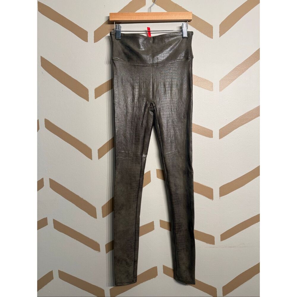 Spanx‎ Darkened Olive Crocodile Print Pull-On Shiny Faux Leather Leggings Small